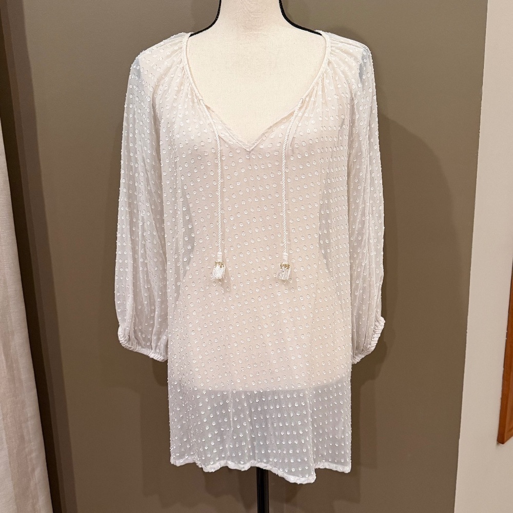Tommy Bahama Silk Blend Cream Sheer Swiss Dot 3/4 Sleeve, Size Large